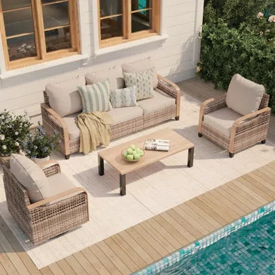 Hermes 5-person Patio Furniture Set With Single Seat, Swivel Chair, 3-seater & Coffee Table, Outdoor Wicker In Neutral