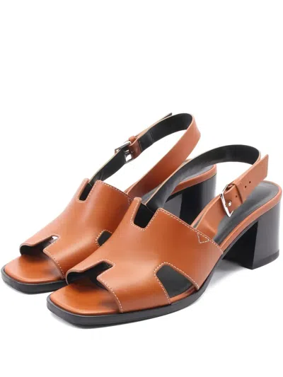 Pre-owned Hermes 60mm Elbe Slingback Leather Heeled Sandals In Brown