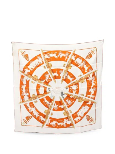 Pre-owned Hermes 70 Paris Qui Roule Scarf In White
