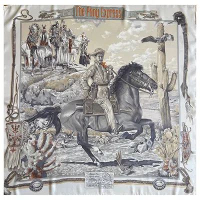 Pre-owned Hermes Hermès 70cm Silk Scarf "the Pony Express" 2012 In Gray
