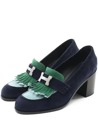 Pre-owned Hermes 70mm Elysee Fringed Pumps In Blue