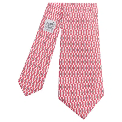 Pre-owned Hermes 7199 Ua Red Grey Signature H Chain Lock Print Silk Tie