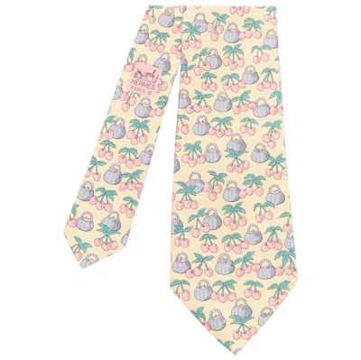 Pre-owned Hermes 7430 Ha Yellow Red Blue Cherry Basket Print Silk Tie
