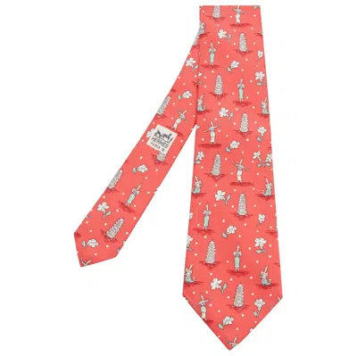 Pre-owned Hermes 7577 Sa Red Green Thailand Pagoda Floral Print Silk Tie