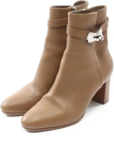 Pre-owned Hermes 75mm Side-zip Leather Boots In Neutral