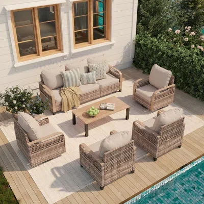 Hermes 7-person Patio Furniture Set With 2 Single Seats, 2 Swivel Chairs, 3-seater & Coffee Table, Outdoor  In Neutral