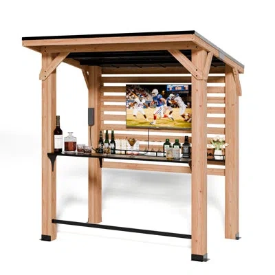 Hermes 8ft.x 10ft. Solid Cedar Wood Gazebo Bar Pavilion With Tv Mount – Outdoor Entertainment Pergola With  In Brown