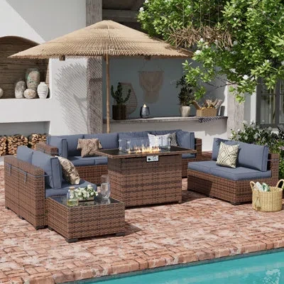 Hermes 8-person Outdoor Seating Group With Fire Pit Table & Coffee Table In Gray