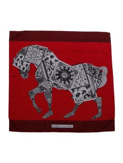 Pre-owned Hermes A Cheval Sur Mon Carré Cashmere Shawl In Red