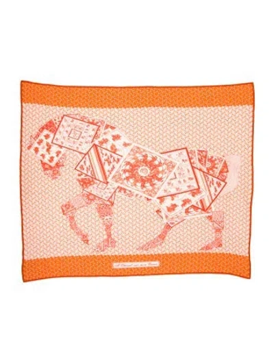 Pre-owned Hermes A Cheval Sur Mon Carré Jersey Jersey Scarf In Orange