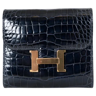 Pre-owned Hermes Abysse Blue Crocodile Constance Compact Wallet Rghw