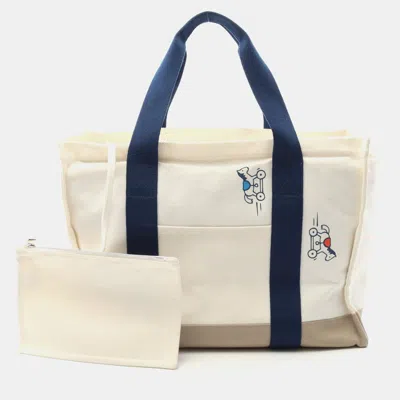 Pre-owned Hermes Adada Mother's White Bluet Canvas Bag