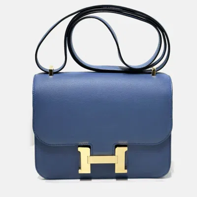 Pre-owned Hermes Agate Blue Evercolor Leather Constance 19 Bag