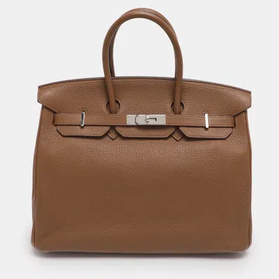 Pre-owned Hermes Alezan Taurillon Clemence Leather Palladium Finish Birkin 35 Bag In Brown
