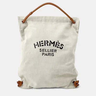 Pre-owned Hermes Aline Backpack Beige/natural Toile Chevrons Barenia Leather In Sand