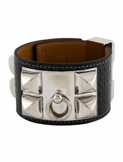 Pre-owned Hermes Alligator Collier De Chien Bracelet, 6.25" In Black