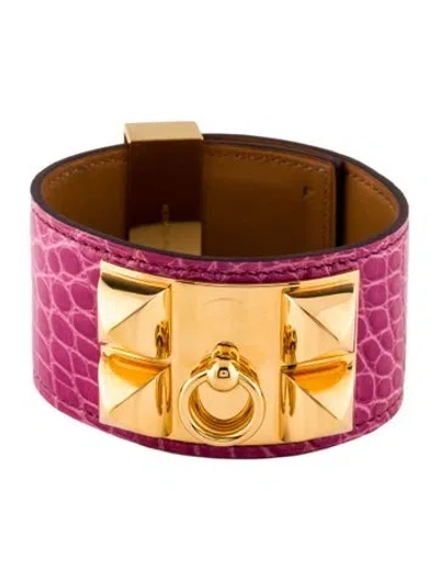 Pre-owned Hermes Alligator Collier De Chien Bracelet, 8" In Pink