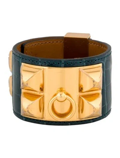 Pre-owned Hermes Alligator Collier De Chien Bracelet In Blue