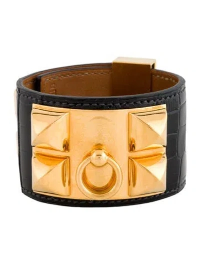 Pre-owned Hermes Alligator Collier De Chien Wrap Bracelet In Black