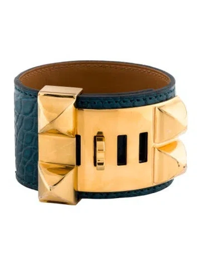 Pre-owned Hermes Alligator Collier De Chien Wrap Bracelet In Blue