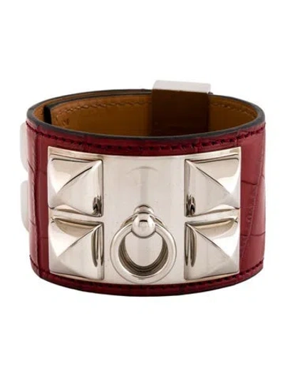 Pre-owned Hermes Alligator Collier De Chien Wrap Bracelet In Red