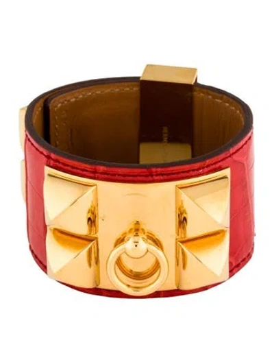 Pre-owned Hermes Alligator Leather Collier De Chien Bracelet In Red