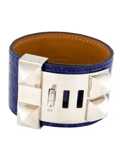 Pre-owned Hermes Alligator Leather Collier De Chien Wrap Bracelet In Blue