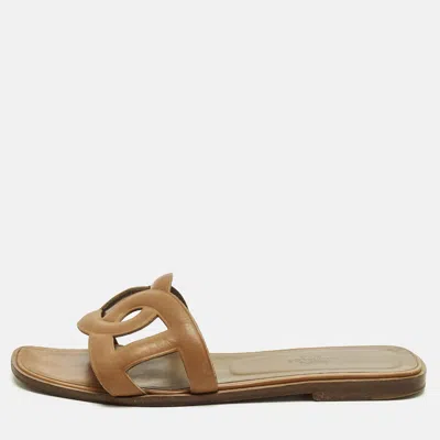 Pre-owned Hermes Aloha Size 37 Brown Leather Flat Slides