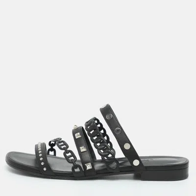 Pre-owned Hermes Amalfi Chaîne D'ancre Insignia Size 38 Black Leather Slide Sandals