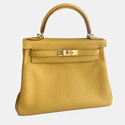 Pre-owned Hermes Amber Yellow Togo Leather Kelly 28 Top Handle Bag