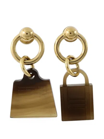 Pre-owned Hermes Amulette Maroquinier Earrings In Brown