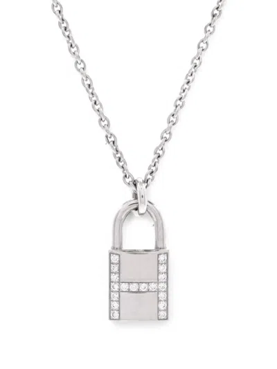Pre-owned Hermes Amulettes Cadenas Pendant 18k White Gold With Diamonds Necklace In Silver