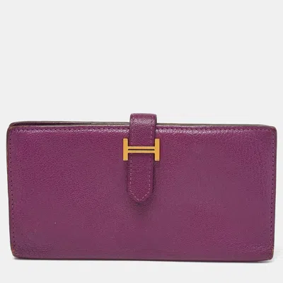 Pre-owned Hermes Anemone Chevre Mysore Leather Bearn Gusset Wallet In Purple