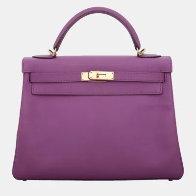 Pre-owned Hermes Anemone Epsom Leather Kelly 32 Tote Bag In Purple