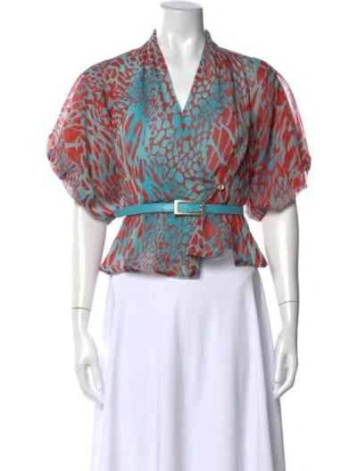 Pre-owned Hermes Animal Print V-neck Blouse In Blue