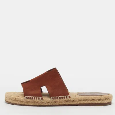 Pre-owned Hermes Antigua Size 39 Brown Suede Espadrille Flats