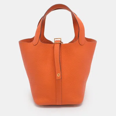 Pre-owned Hermes Apricot Taurillon Clemence Leather Picotin Lock 18 Bag In Orange