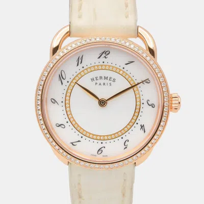 Pre-owned Hermes Arceau Ar13.471 White Rose Gold Women Wristwatch 30mm