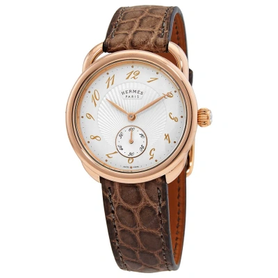 Pre-owned Hermes Arceau Ecuyere Automatic Silver Dial 18kt Rose Gold Ladies Watch 037931ww00 In Brown / Gold / Gold Tone / Rose / Rose Gold / Rose Gold Tone / Silver