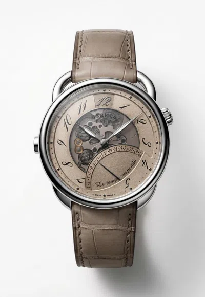 Hermes Arceau Le Temps Suspendu 42mm Watch With Beige Matte Alligator Single Tour Strap In Red