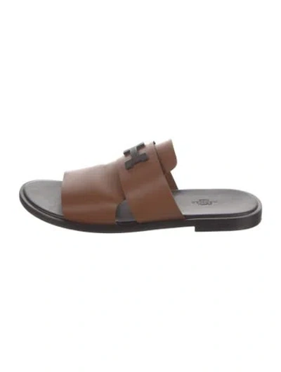 Pre-owned Hermes Arles Leather Slides In Brown