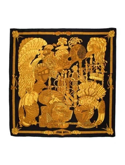 Pre-owned Hermes Armets En Panache Silk Scarf In Black