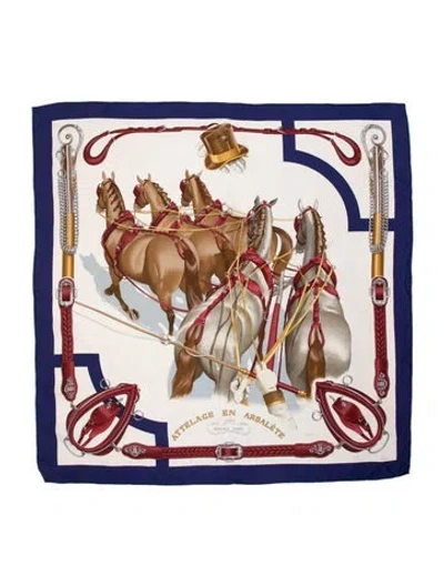 Pre-owned Hermes Attelage En Arbalete Silk Scarf In Blue