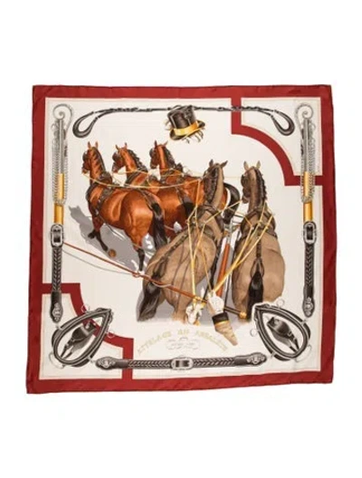 Pre-owned Hermes Attelage En Arbalete Silk Scarf W/ Tags In Red