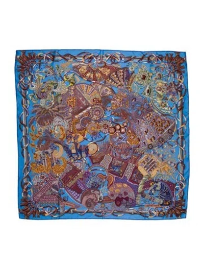 Pre-owned Hermes Au Fil Du Carré Silk Scarf In Blue
