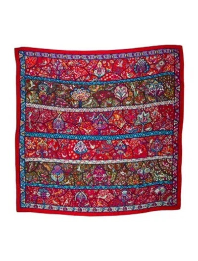 Pre-owned Hermes Au Pays Des Oiseaux Fleurs Silk Shawl In Red