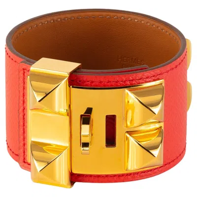 Pre-owned Hermes Auth. Hermès Bracelet Medor Collier De Chien - Gold Hw - Red Calf Leather New