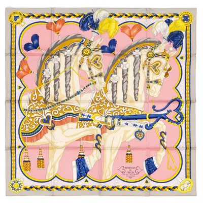Pre-owned Hermes Auth.  Scarf - Harnais De Coeur - Gris Perle Rose Bonbon - New Store Tag In Red