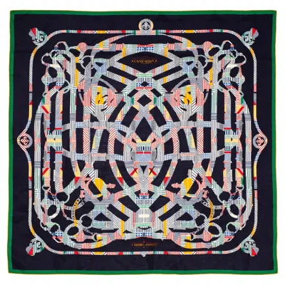 Pre-owned Hermes Auth.  Shawl Cavalcadour - Cs140 - Orange Green Marine Blue - New Care Tag