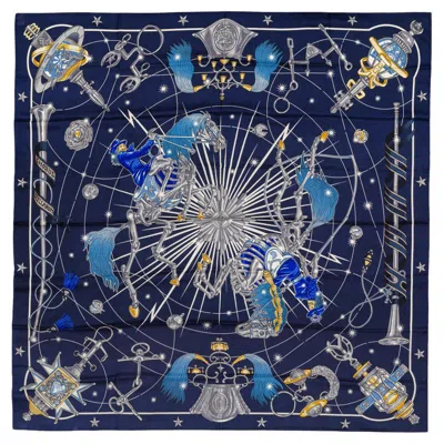 Pre-owned Hermes Auth.  Shawl - Chorus Stellarum - Cs140 - Marine Indigo Blanc - New Tag In Blue